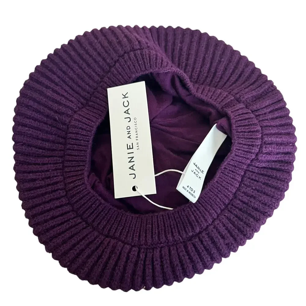 Janie and Jack Girls Ribbed Wool Blend Purple Knit Buret Hat Size 4-5